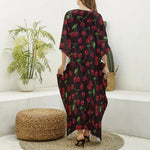 Cherry Fruit Pattern Print Silk V-Neck Kaftan Dress