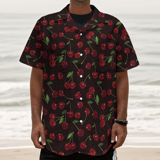 Cherry Fruit Pattern Print Textured Short Sleeve Shirt