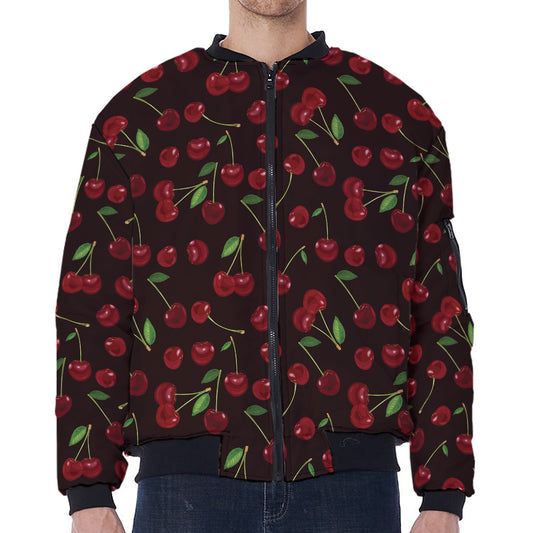 Cherry Fruit Pattern Print Zip Sleeve Bomber Jacket