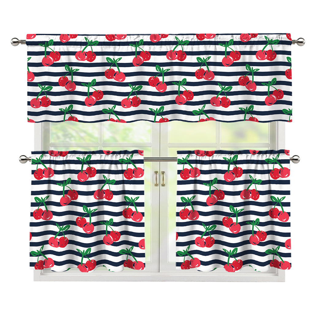 Cherry Striped Pattern Print 3 Piece Kitchen Curtains