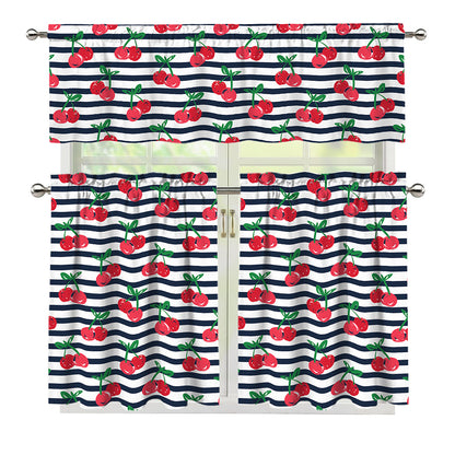 Cherry Striped Pattern Print 3 Piece Kitchen Curtains