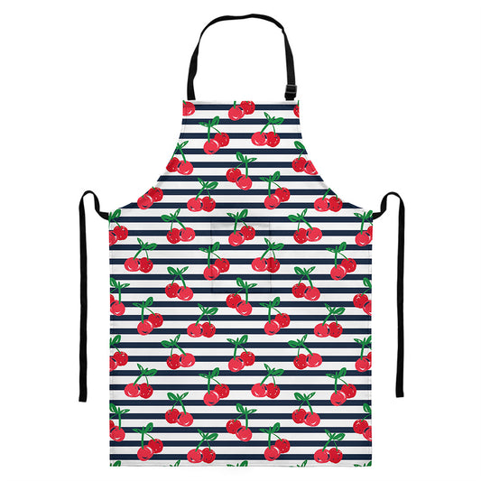 Cherry Striped Pattern Print Bib Apron With Pocket