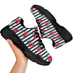 Cherry Striped Pattern Print Black Chunky Shoes