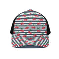 Cherry Striped Pattern Print Black Mesh Trucker Hat