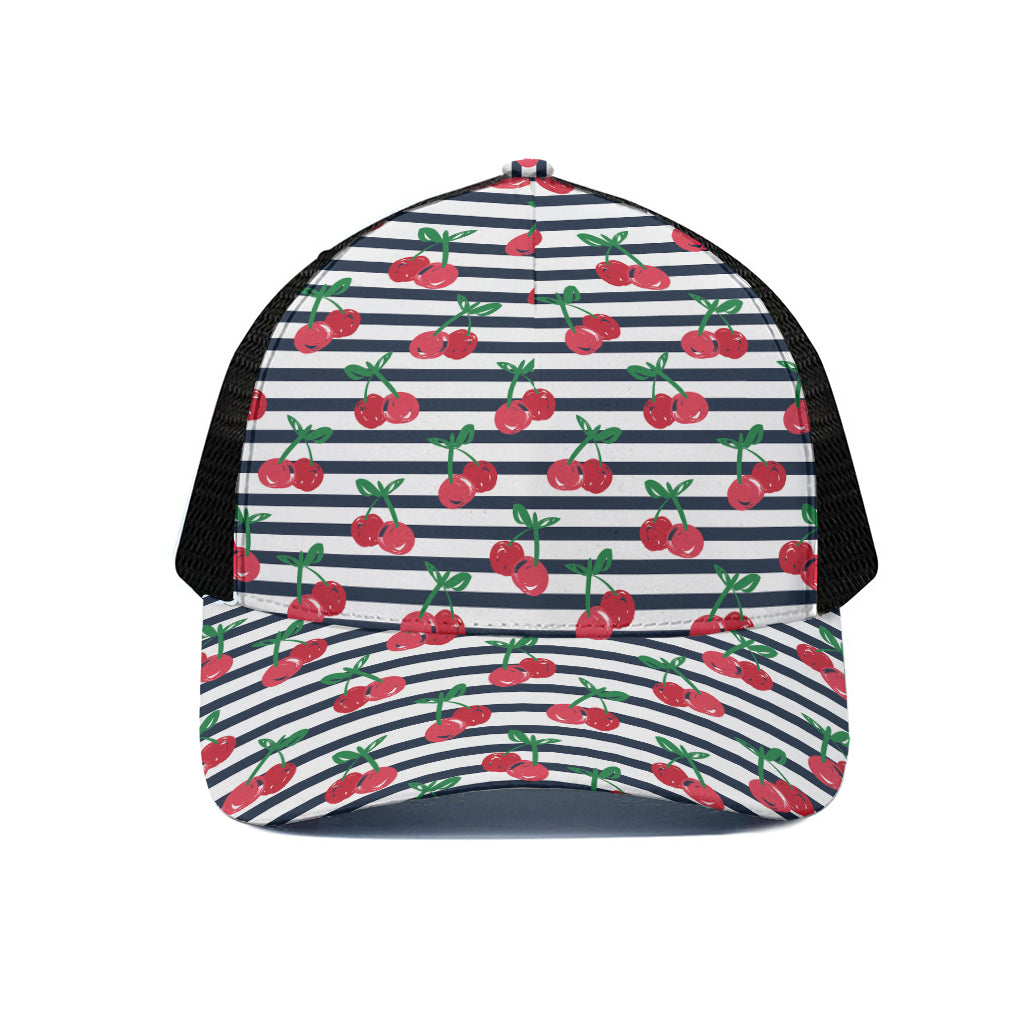 Cherry Striped Pattern Print Black Mesh Trucker Cap