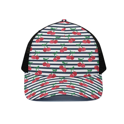 Cherry Striped Pattern Print Black Mesh Trucker Cap