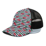 Cherry Striped Pattern Print Black Mesh Trucker Cap