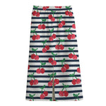 Cherry Striped Pattern Print Cotton Front Slit Maxi Skirt