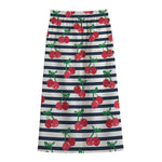 Cherry Striped Pattern Print Cotton Front Slit Maxi Skirt
