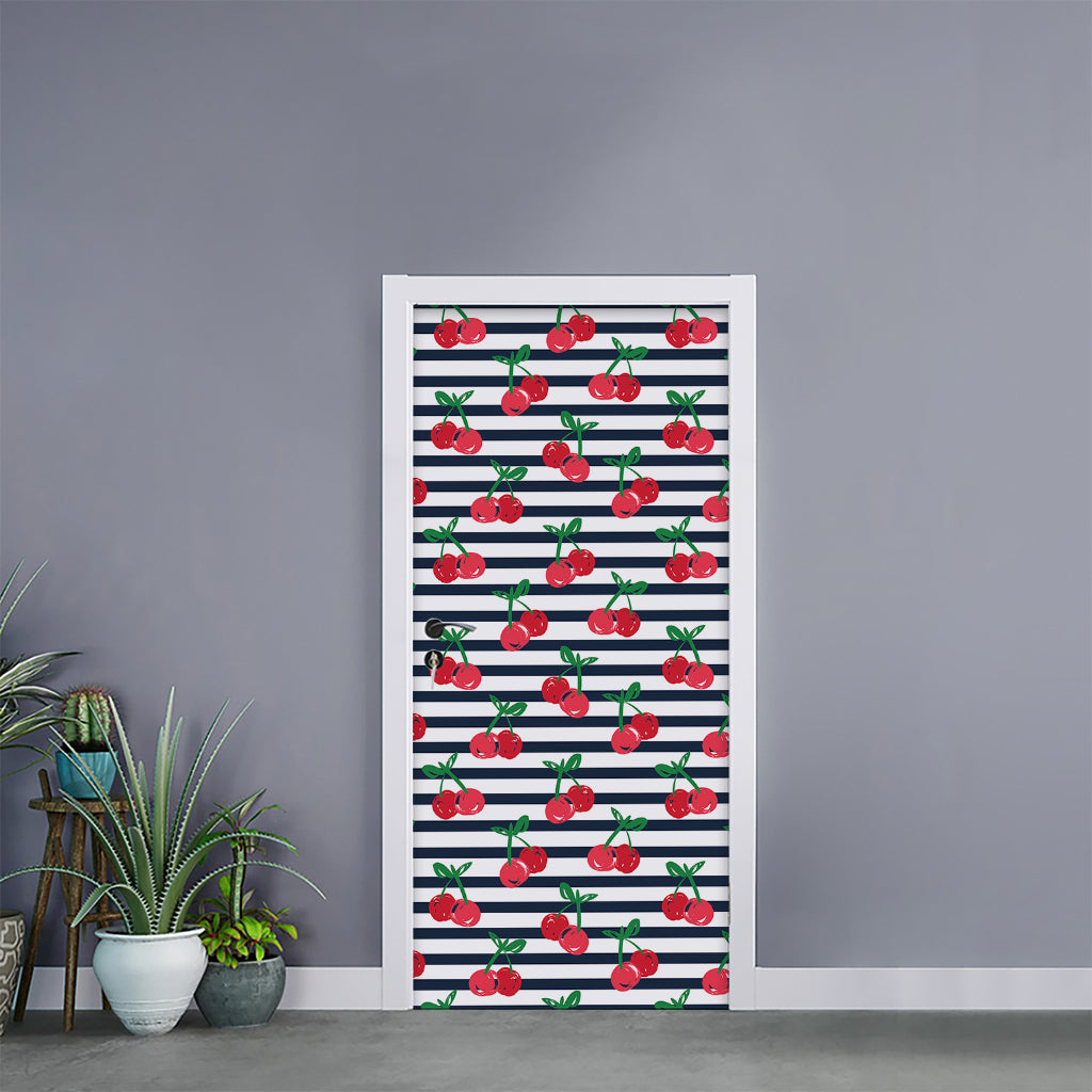 Cherry Striped Pattern Print Door Sticker