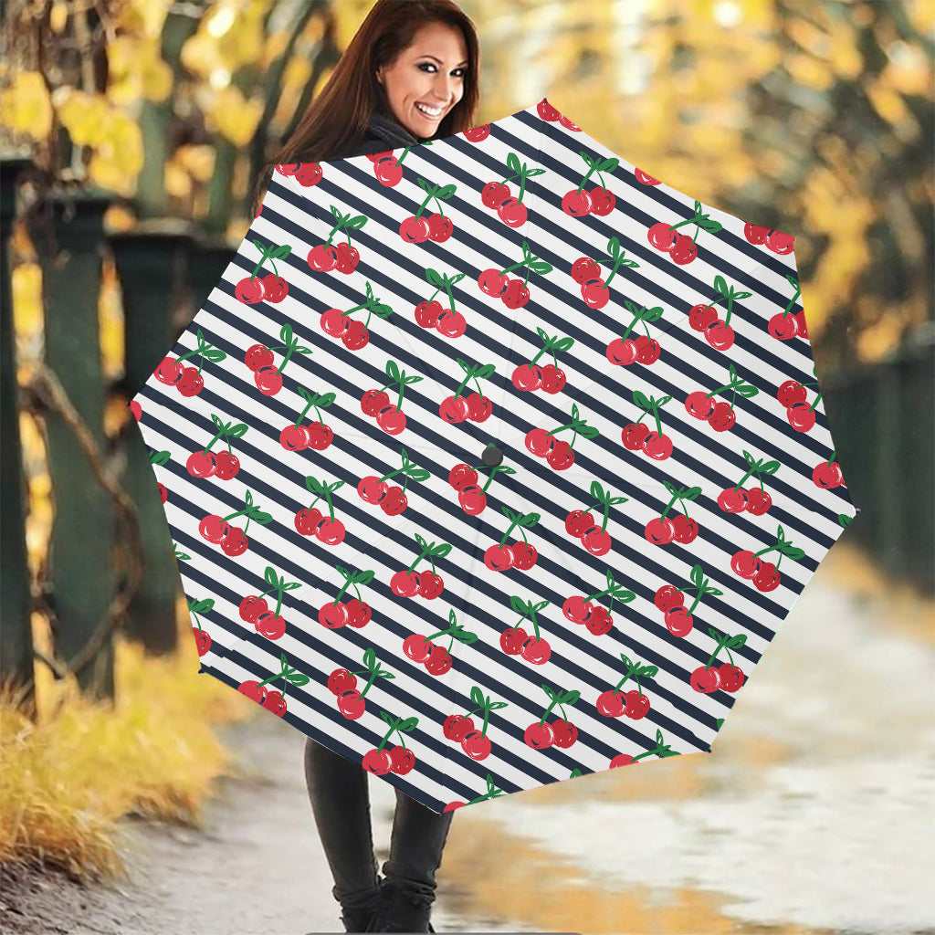 Cherry Striped Pattern Print Foldable Umbrella