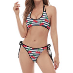 Cherry Striped Pattern Print Halter Scoop Tie Side Bikini