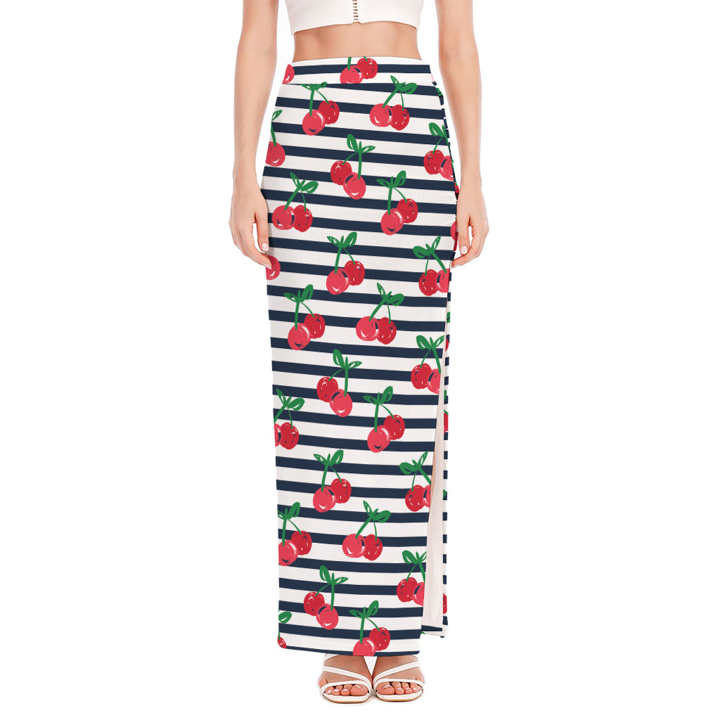 Cherry Striped Pattern Print High Slit Maxi Skirt