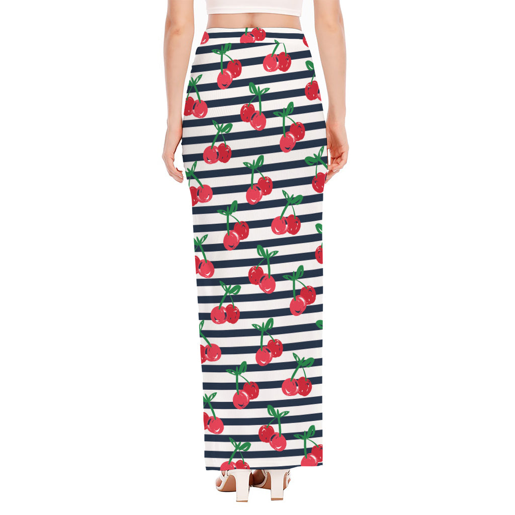 Cherry Striped Pattern Print High Slit Maxi Skirt
