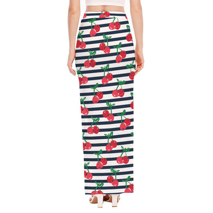 Cherry Striped Pattern Print High Slit Maxi Skirt