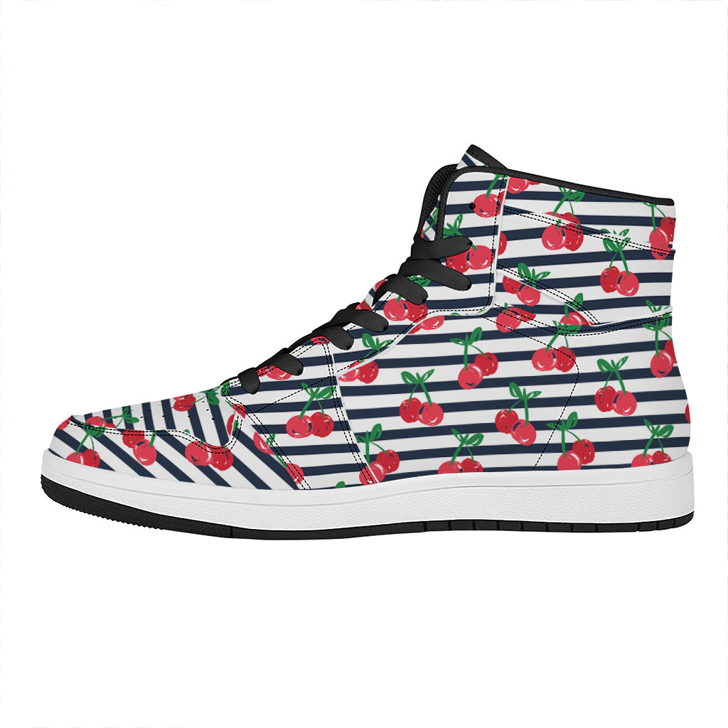 Cherry Striped Pattern Print High Top Leather Sneakers