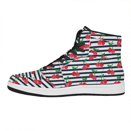 Cherry Striped Pattern Print High Top Leather Sneakers