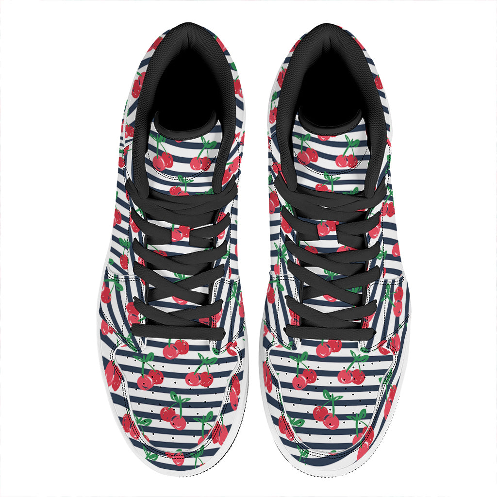 Cherry Striped Pattern Print High Top Leather Sneakers