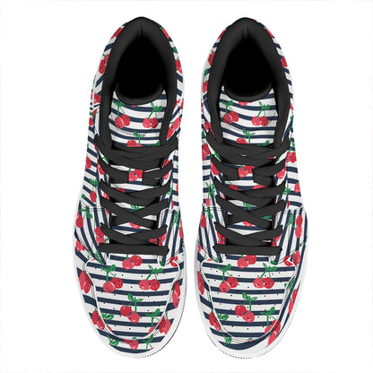Cherry Striped Pattern Print High Top Leather Sneakers