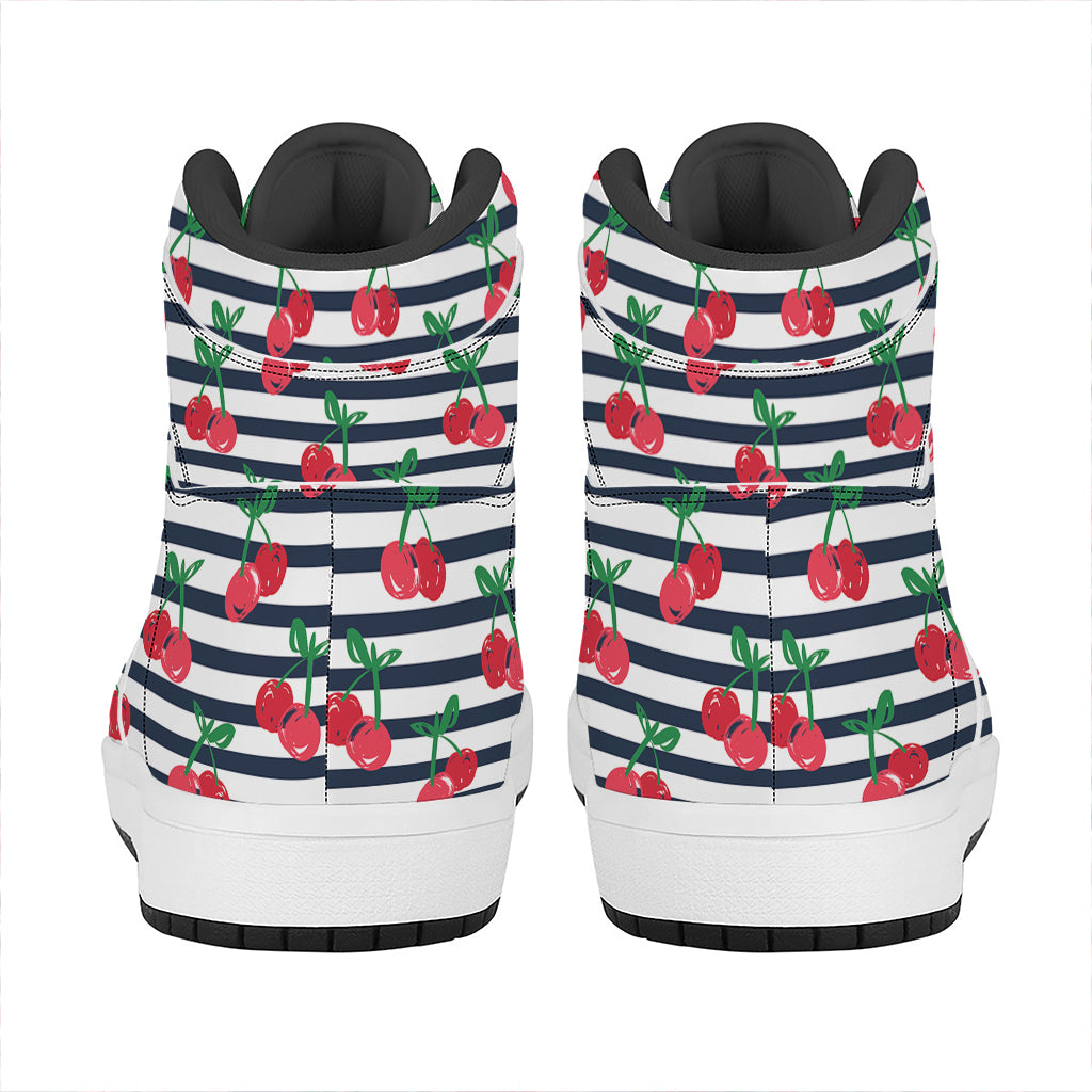 Cherry Striped Pattern Print High Top Leather Sneakers