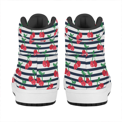Cherry Striped Pattern Print High Top Leather Sneakers