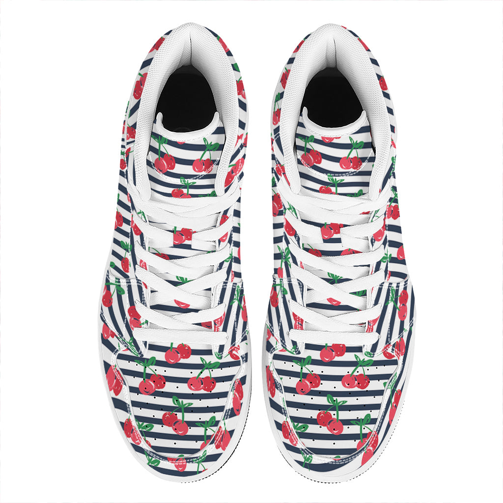Cherry Striped Pattern Print High Top Leather Sneakers