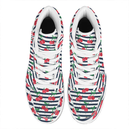 Cherry Striped Pattern Print High Top Leather Sneakers