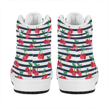 Cherry Striped Pattern Print High Top Leather Sneakers