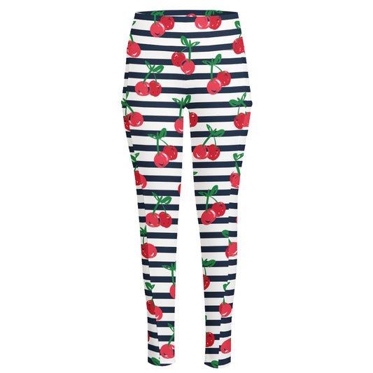 Cherry Striped Pattern Print High-Waisted Pocket Leggings