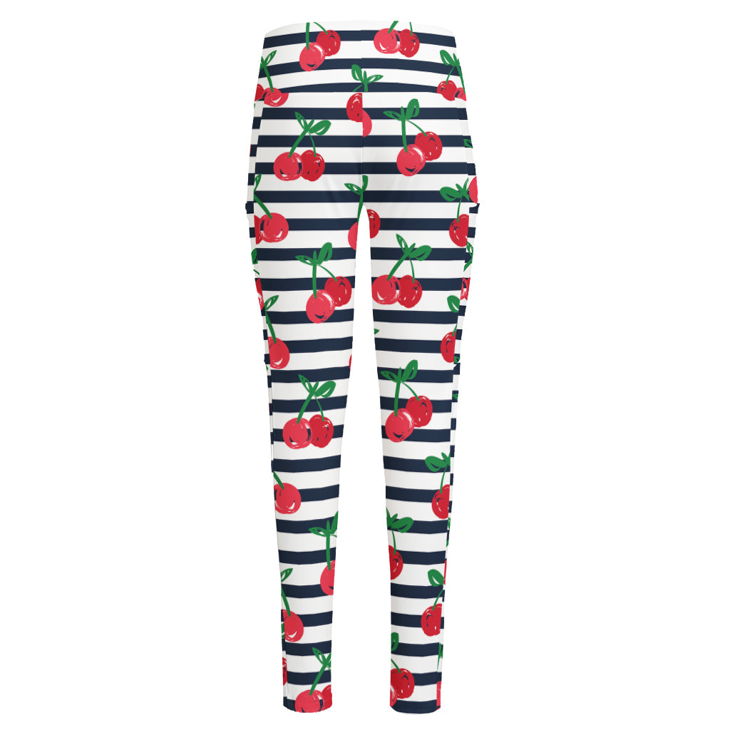 Cherry Striped Pattern Print High-Waisted Pocket Leggings