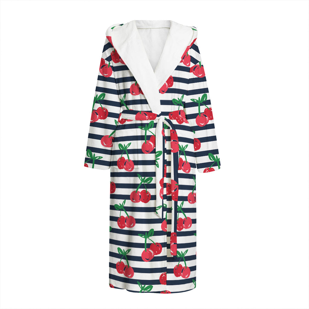 Cherry Striped Pattern Print Hooded Bathrobe