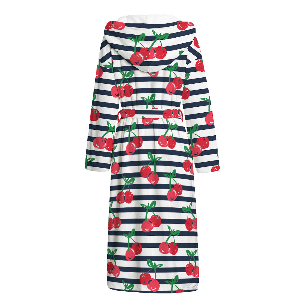Cherry Striped Pattern Print Hooded Bathrobe