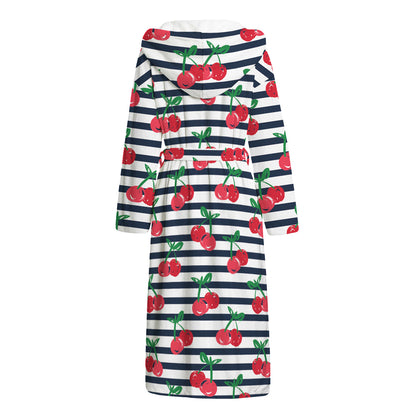 Cherry Striped Pattern Print Hooded Bathrobe