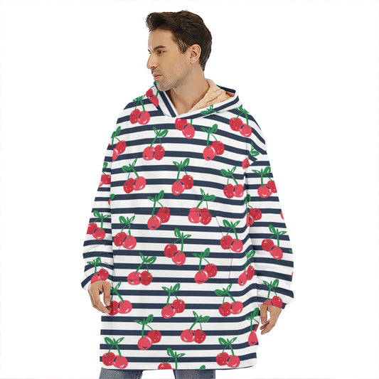 Cherry Striped Pattern Print Hoodie Blanket