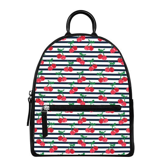 Cherry Striped Pattern Print Leather Backpack