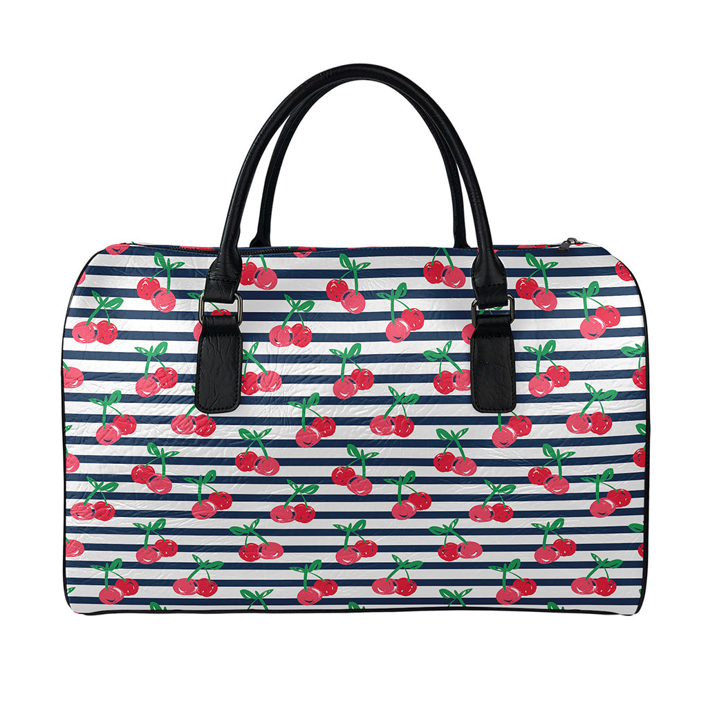 Cherry Striped Pattern Print Leather Duffle Bag