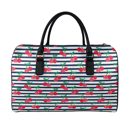 Cherry Striped Pattern Print Leather Duffle Bag