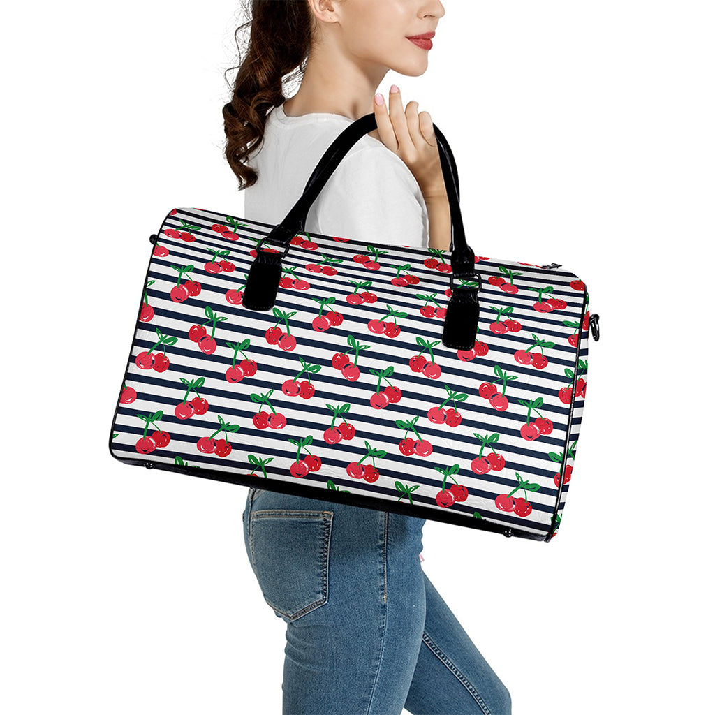 Cherry Striped Pattern Print Leather Duffle Bag