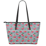 Cherry Striped Pattern Print Leather Tote Bag