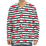 Cherry Striped Pattern Print Long Sleeve Baseball Jersey