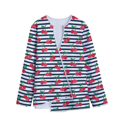 Cherry Striped Pattern Print Long Sleeve Short Coat