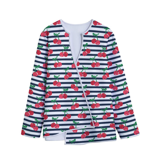 Cherry Striped Pattern Print Long Sleeve Short Coat