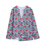Cherry Striped Pattern Print Long Sleeve Short Coat