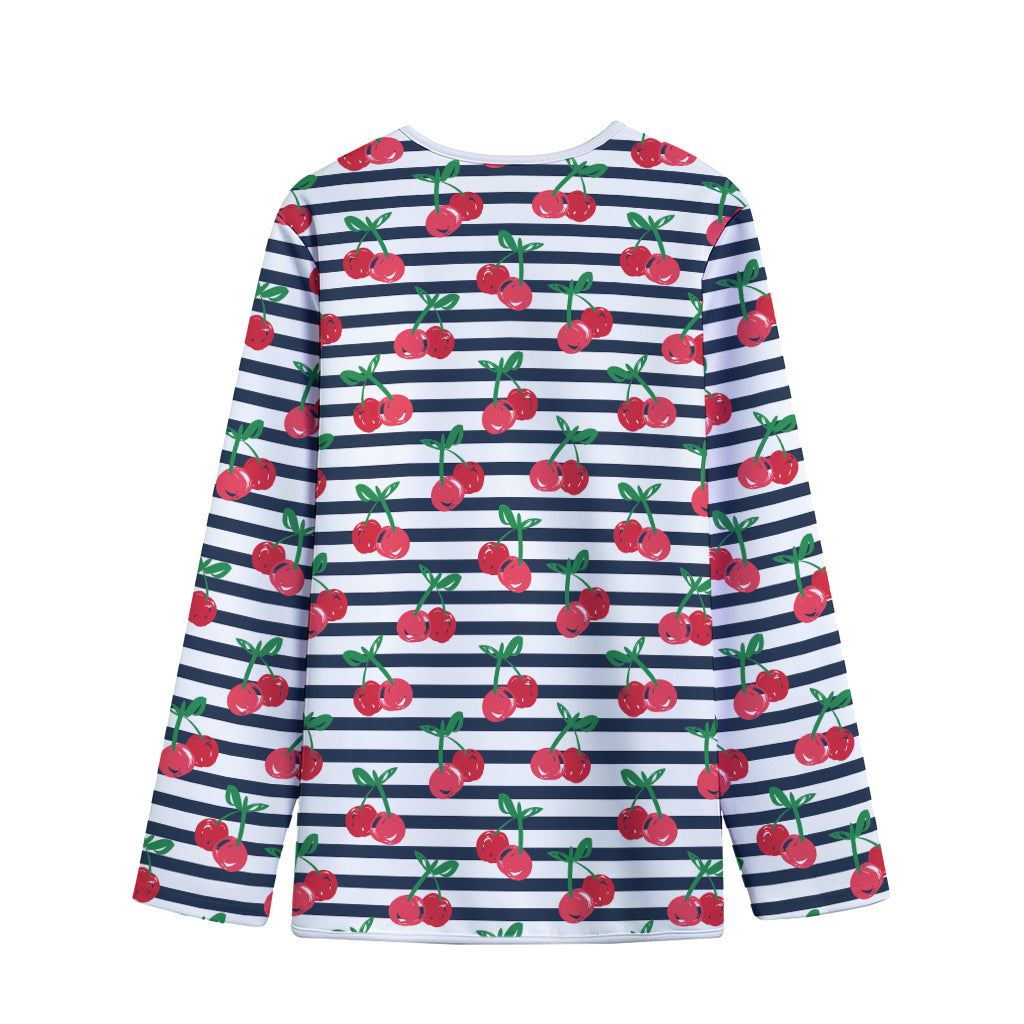 Cherry Striped Pattern Print Long Sleeve Short Coat