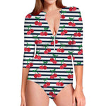 Cherry Striped Pattern Print Long Sleeve Swimsuit