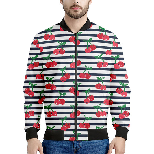 Cherry Striped Pattern Print Men's Bomber Jacket