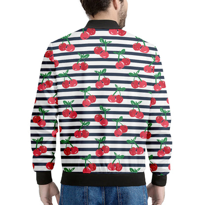 Cherry Striped Pattern Print Men's Bomber Jacket