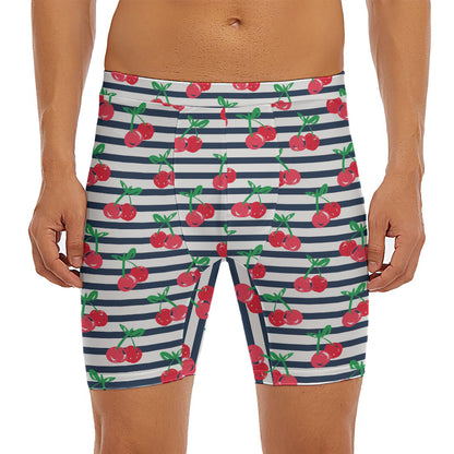 Cherry Striped Pattern Print Men's Long Boxer Briefs