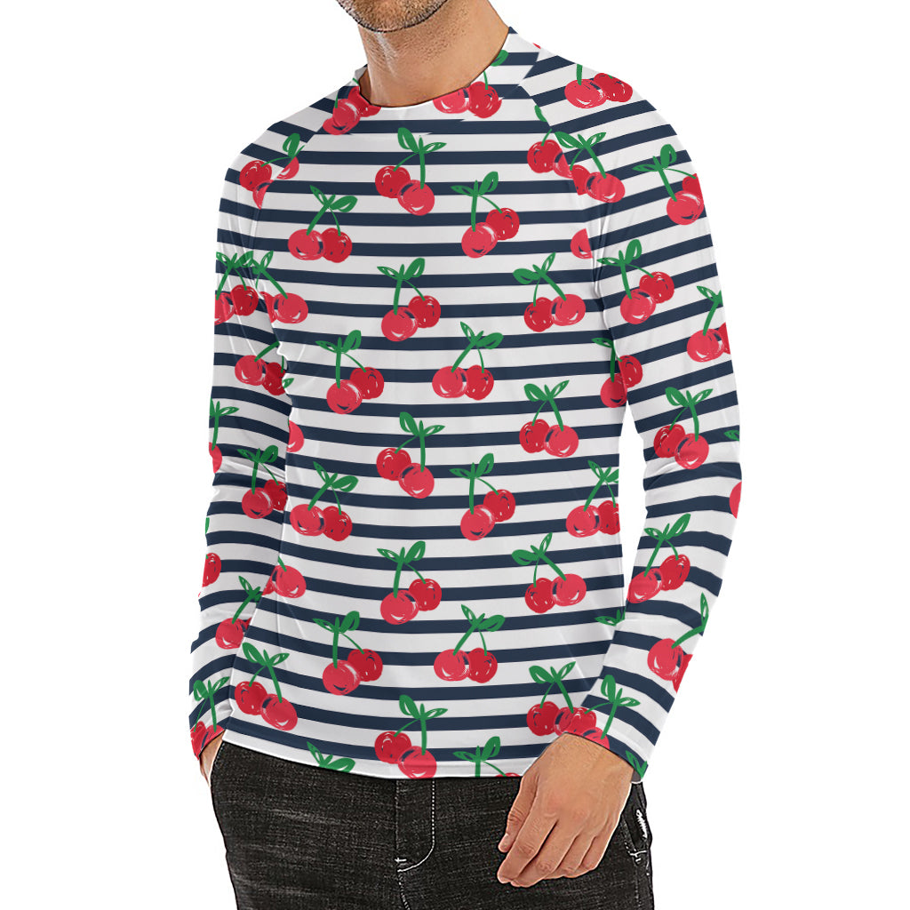 Cherry Striped Pattern Print Men's Long Sleeve Rash Guard