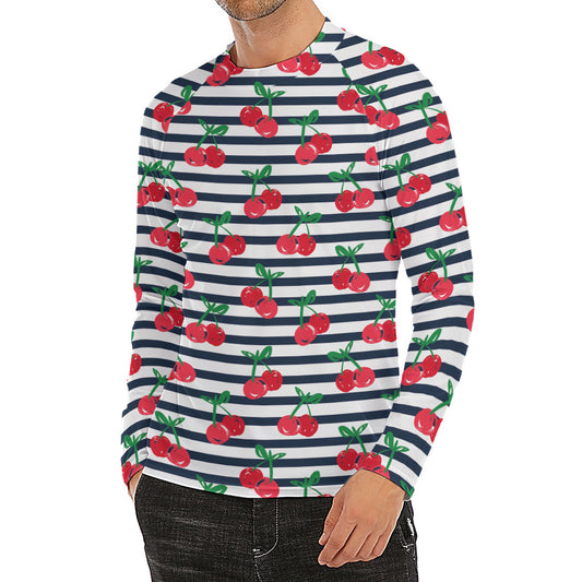 Cherry Striped Pattern Print Men's Long Sleeve Rash Guard
